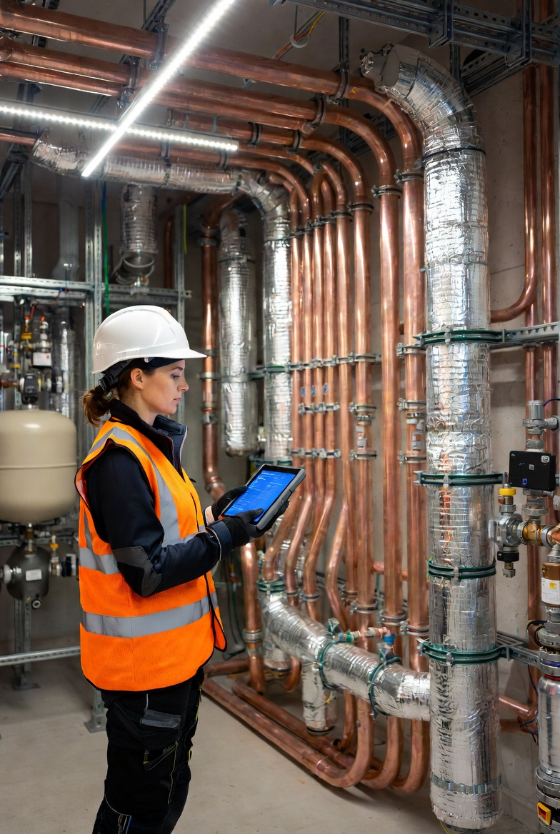 M&E engineer inspecting pipework with tablet
