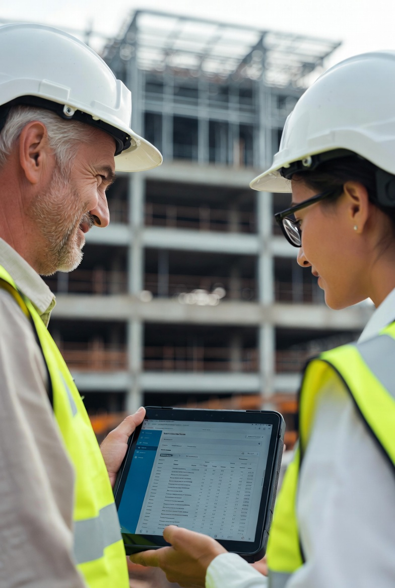 Engineers reviewing project data on site